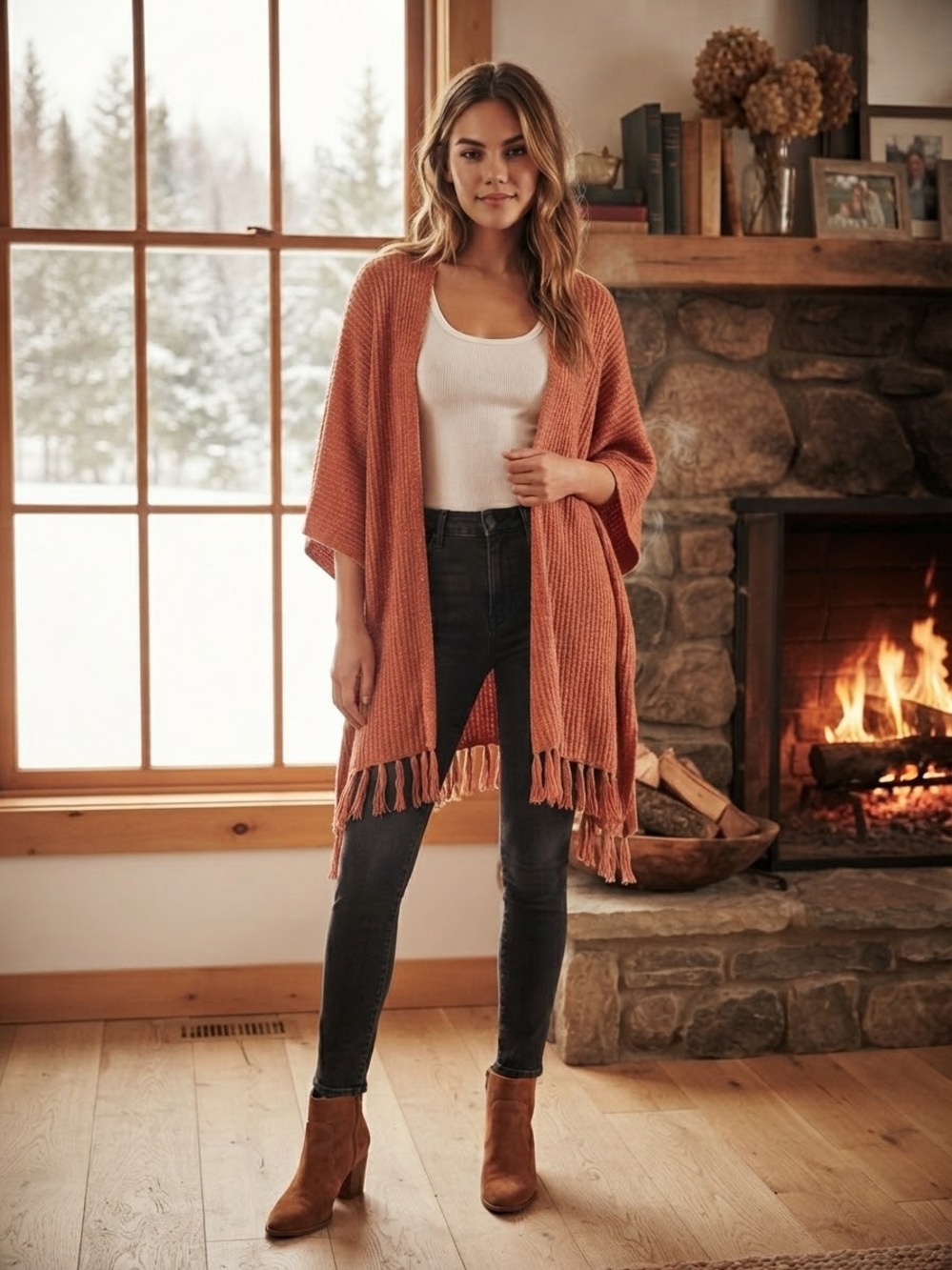 American Eagle  Rust Open-Front Fringe Knit Poncho